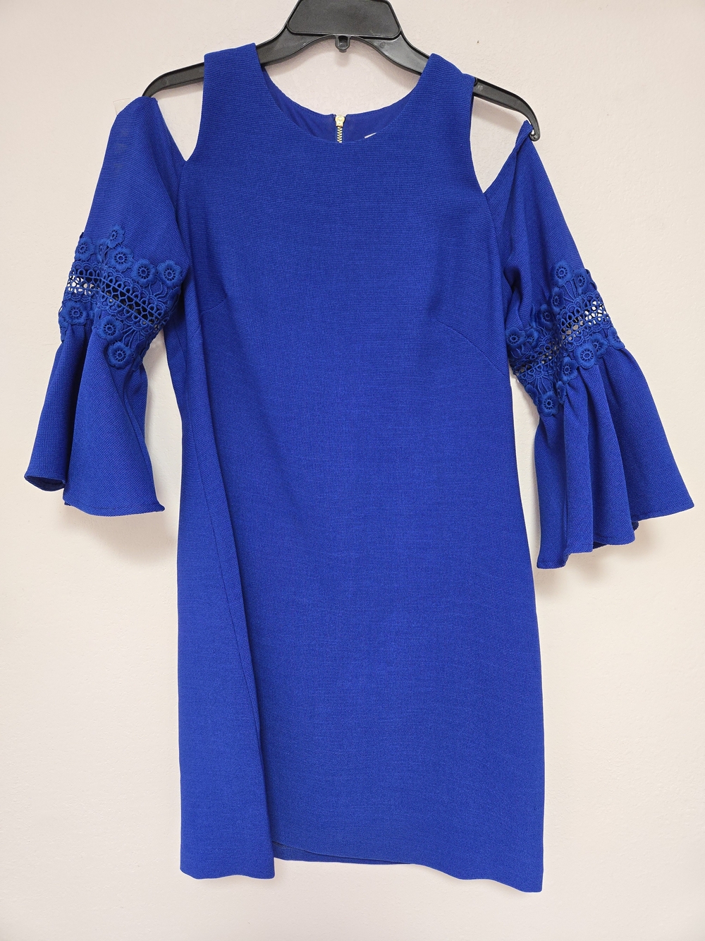 Eliza J Royal Blue Cold-Shoulder Sheath Dress with Lace-Trim Bell Sleeves